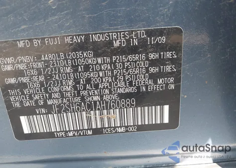 2010 Subaru Forester 2.5X z USA, uszkodzony, nr VIN JF2SH6AC1AH760889